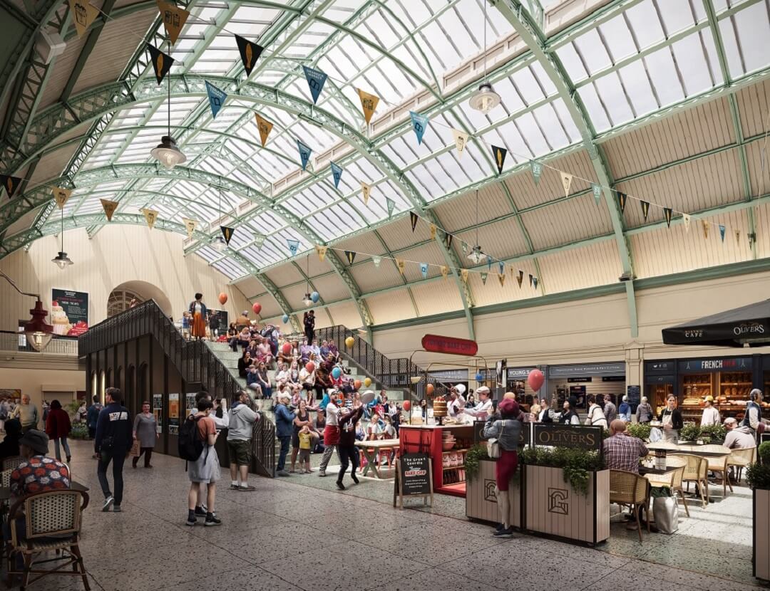 An artist's impression of the Grainger Market market hall stepped Nun Street pavillion. People are sat on it watching a show being performed.