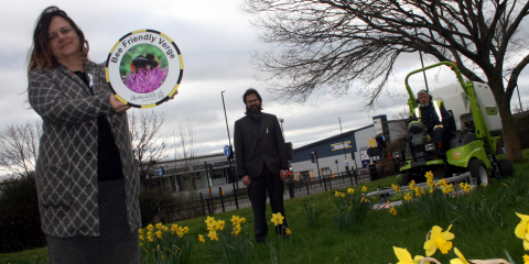 Cllr Clare Penny-Evans and Cllr John-Paul Stephenson with the new ride on mower at a bee friendly verge in Elswick, Newcastle