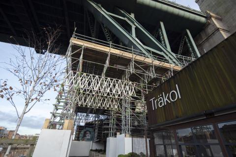 Image showing scaffolding being built below the bridge deck of the Gateshead Tower