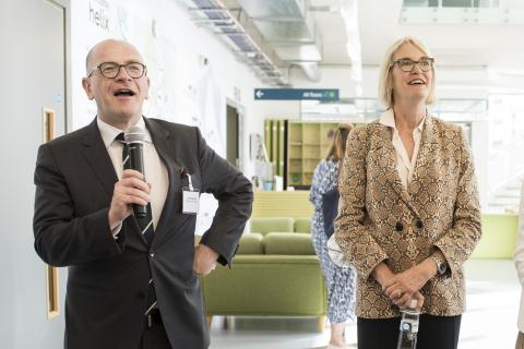 Professor John Fitzgerald, Head of the School of Computing at Newcastle University introducing Margot James, Minister for the Digital and Creative Industries to First Friday attendees