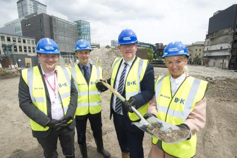 Site Photo [Caption L - R] Cllr Alex Hay, Newcastle City Council, Roger Thornton, Motcomb Estates, Marc Gill, Regional Senior Sponsor HMRC and Michelle Percy, Director of Place, Newcastle City Council