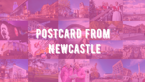 Images of Newcastle, coloured pink, with the text Postcard from Newcastle