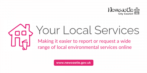 A pink icon of a house, with a wheelie bin. Text: "Your Local Services - Making it easier to report or request a wide range of local environmental services online. 