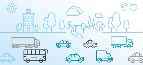 Artwork showing drawings of vehicles and trees