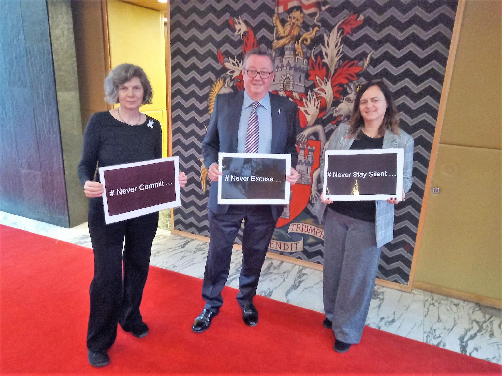 Anthea Sully and Peter Lassey from White Ribbon UK and Cllr Clare Penny-Evans 