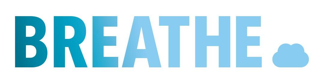 The word Breathe in blue letters which fade to a lighter blue at the end of the word, which is in capital letters. The full stop is shaped like a blue cloud.