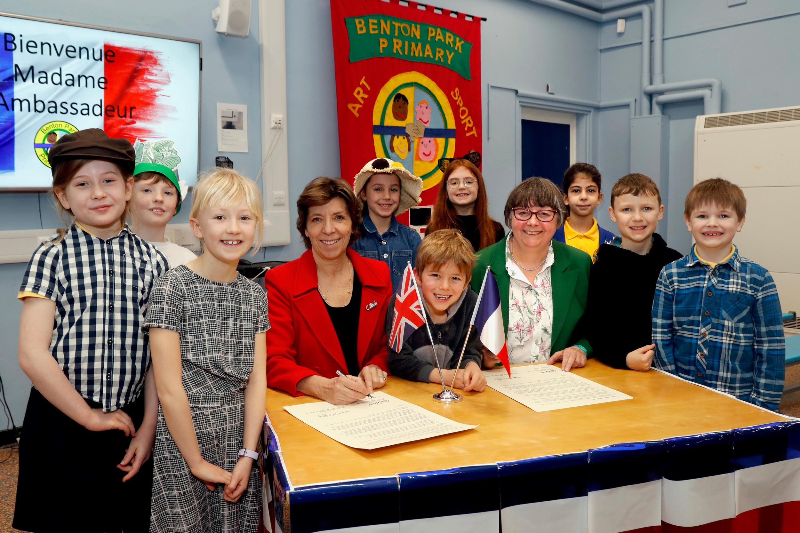 French Ambassador and Deputy Leader are joined by pupils from Benton Park Primary who delivered a special French performance to welcome the Ambassador and mark the special occasion 