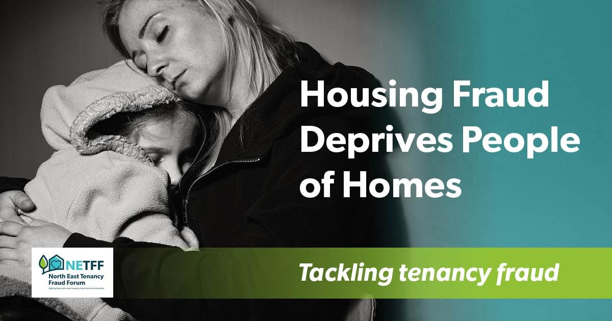 Woman holding a child in her arms with a tagline that reads housing fraud deprives people of homes